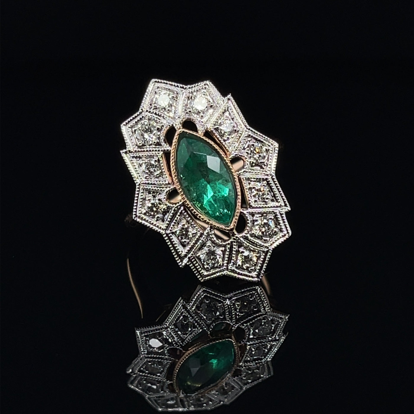 18CT Rose Gold Colombian Marquise Emerald and Diamond Ring