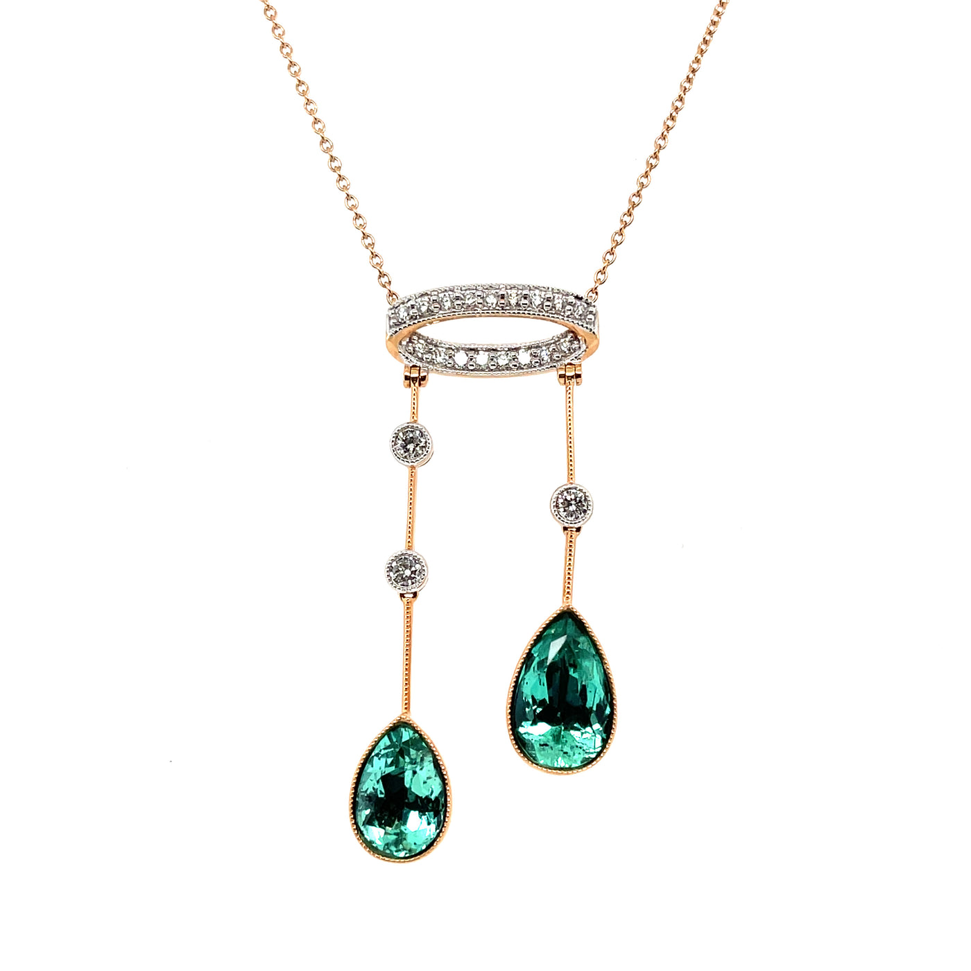 18CT Rose Gold Emerald and Diamond Pendant and Necklace