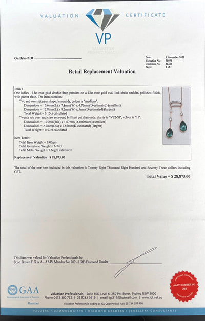 18CT Rose Gold Emerald and Diamond Pendant and Necklace