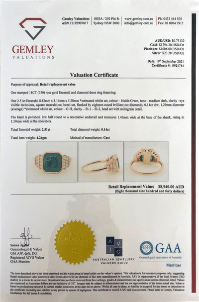 18CT Rose Gold Emerald and Diamond Ring