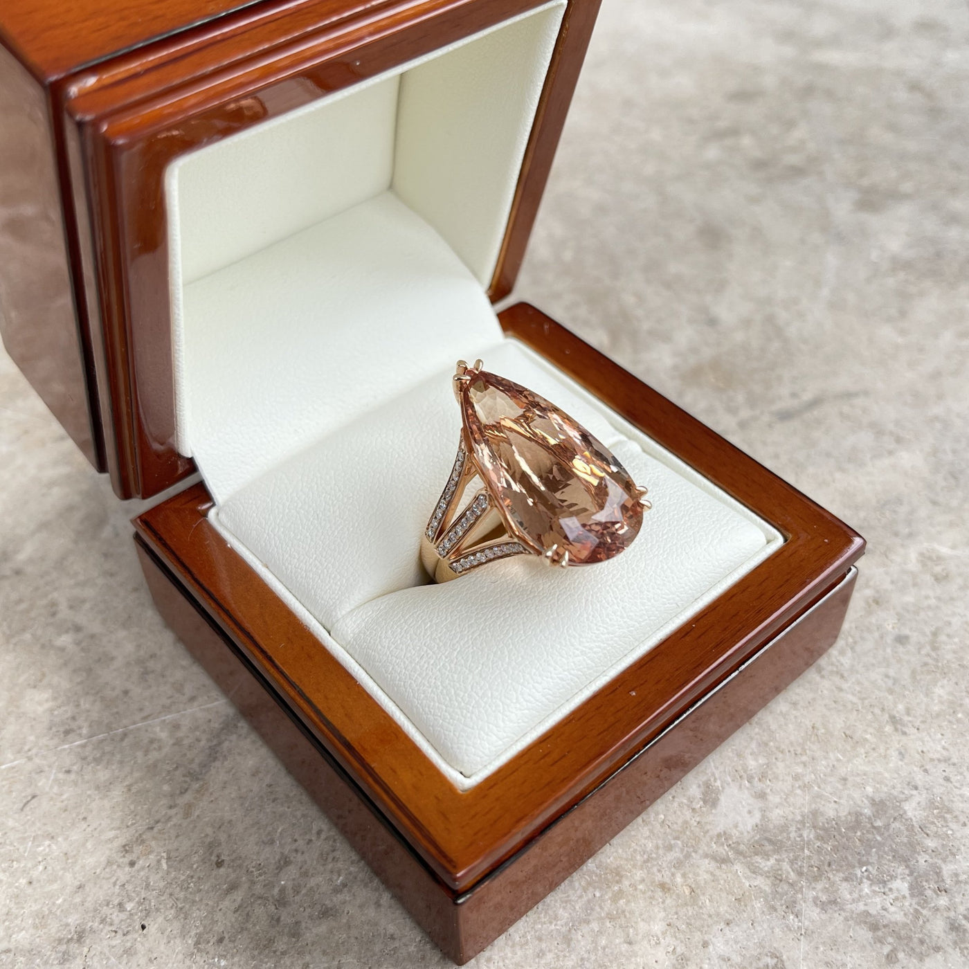 18CT Rose Gold Pear Morganite and Diamond Ring