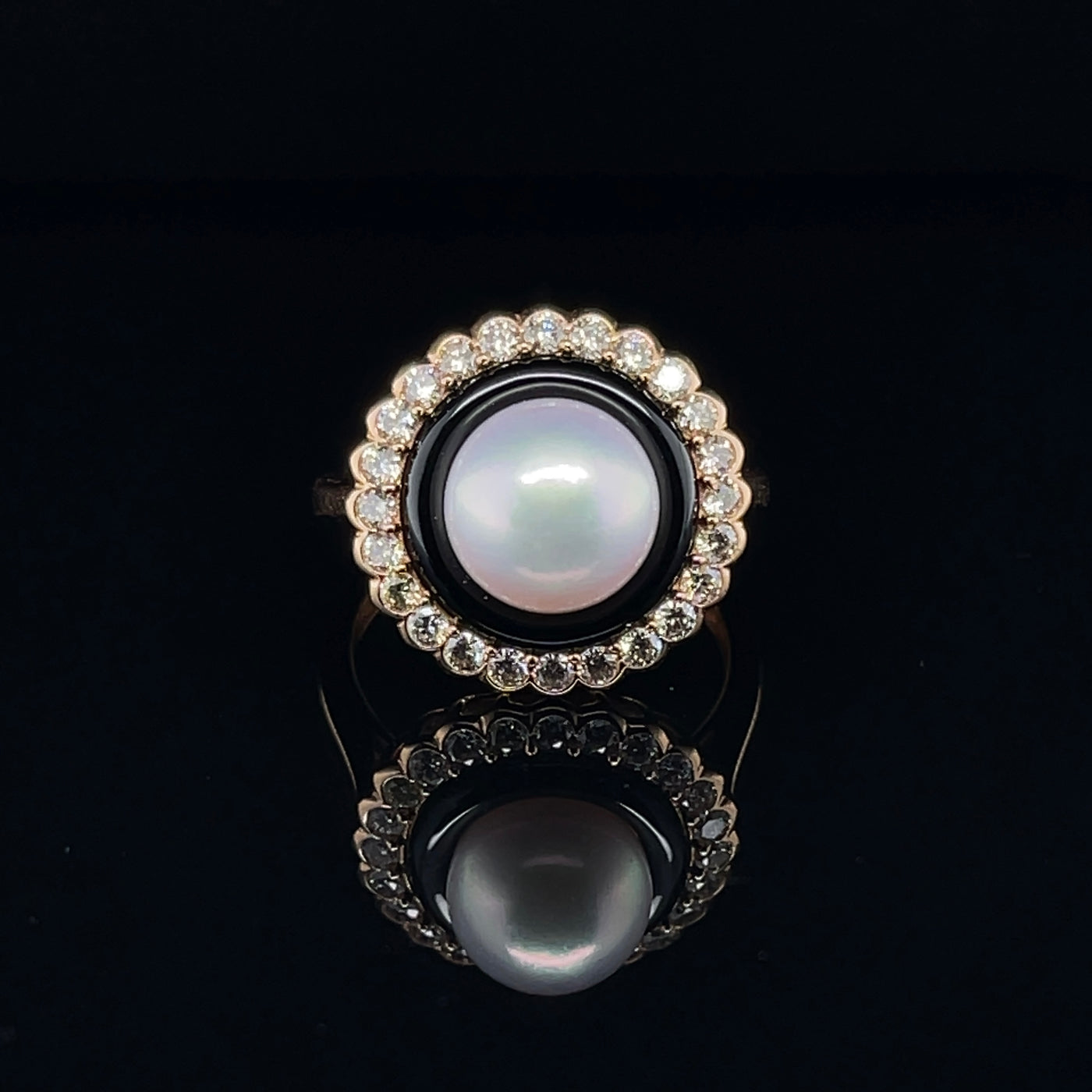 18CT Rose Gold Pearl and Diamond Onyx Ring