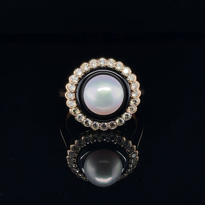 18CT Rose Gold Pearl and Diamond Onyx Ring