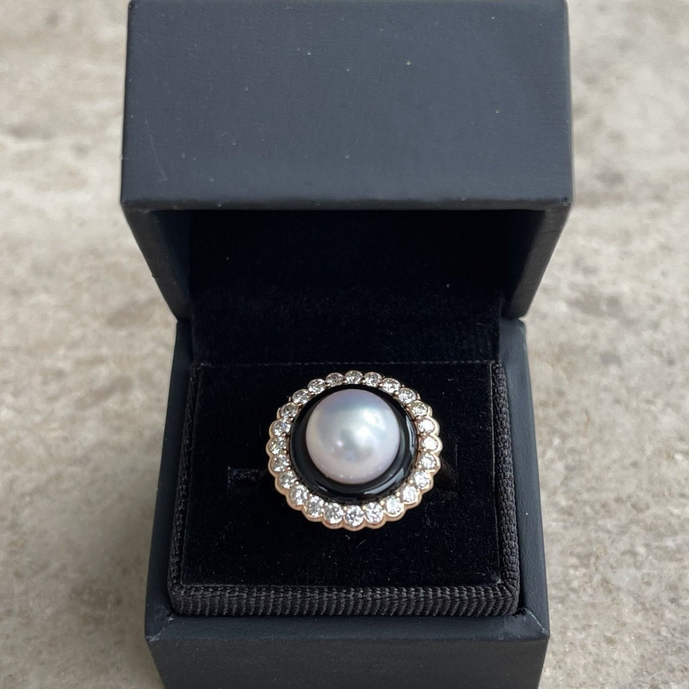 18CT Rose Gold Pearl and Diamond Onyx Ring
