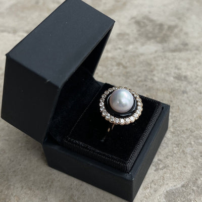 18CT Rose Gold Pearl and Diamond Onyx Ring