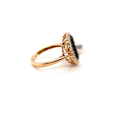 18CT Rose Gold Pearl and Diamond Onyx Ring