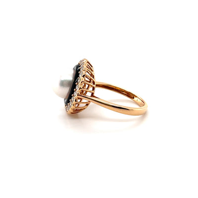 18CT Rose Gold Pearl and Diamond Onyx Ring