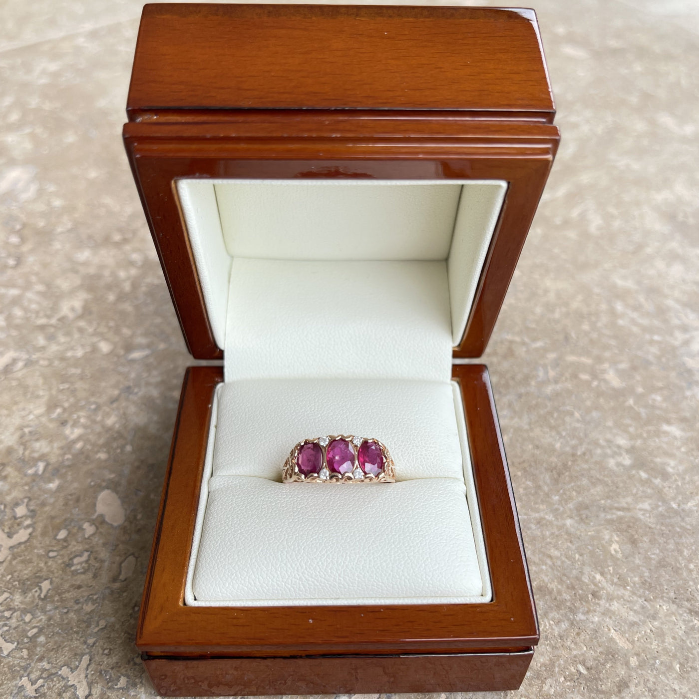 18CT Rose Gold Ruby and Diamond Trilogy Ring