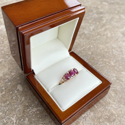 18CT Rose Gold Ruby and Diamond Trilogy Ring