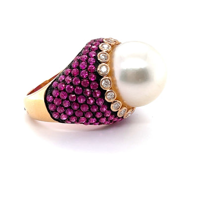 18CT Rose Gold South Sea Pearl, Ruby and Diamond Ring