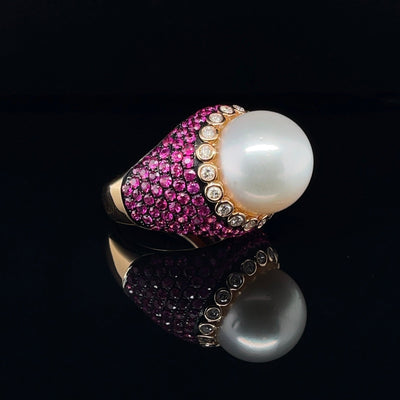 18CT Rose Gold South Sea Pearl, Ruby and Diamond Ring