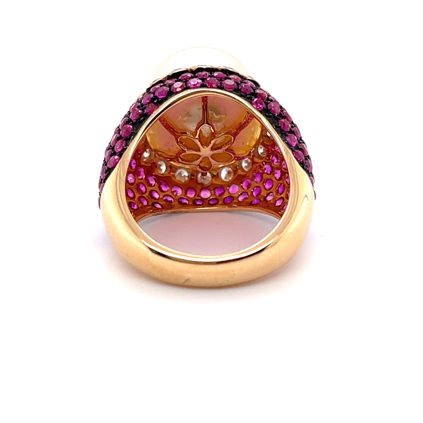 18CT Rose Gold South Sea Pearl, Ruby and Diamond Ring