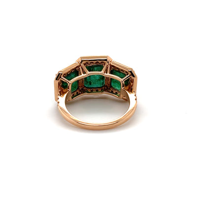 18CT Rose Gold Trilogy Emerald and Diamond Ring