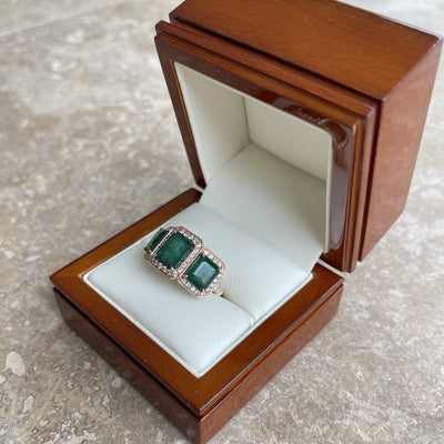 18CT Rose Gold Trilogy Emerald and Diamond Ring