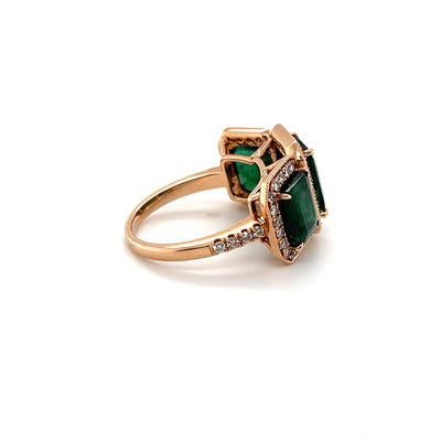 18CT Rose Gold Trilogy Emerald and Diamond Ring