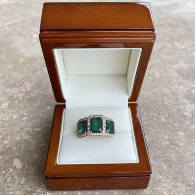 18CT Rose Gold Trilogy Emerald and Diamond Ring