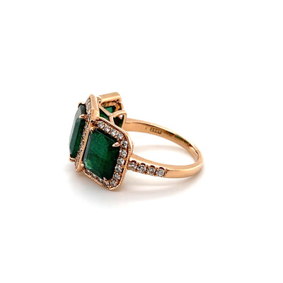 18CT Rose Gold Trilogy Emerald and Diamond Ring