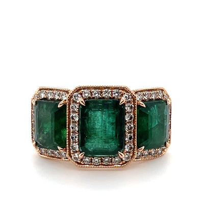 18CT Rose Gold Trilogy Emerald and Diamond Ring