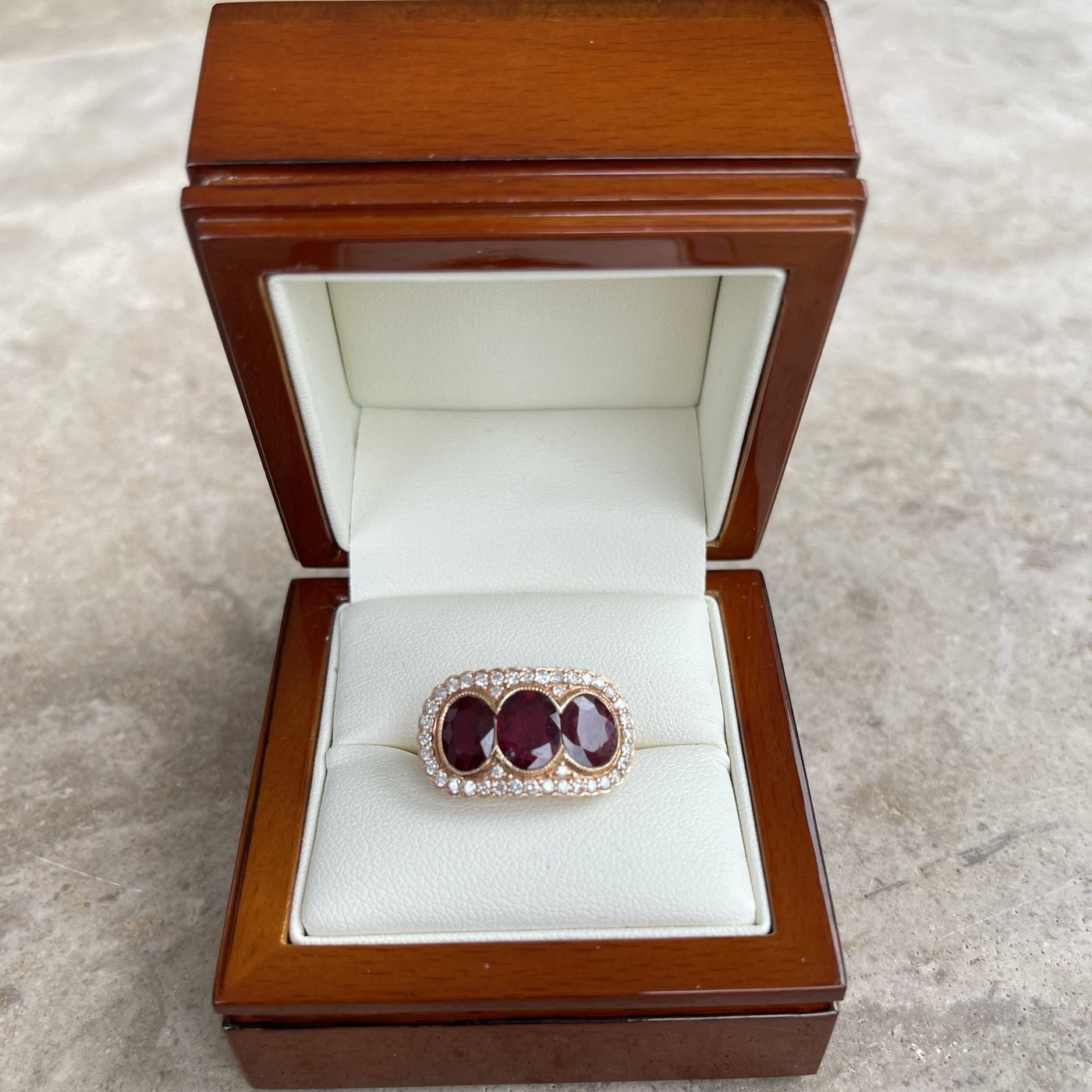 18CT Rose Gold Trilogy Ruby and Diamond Ring