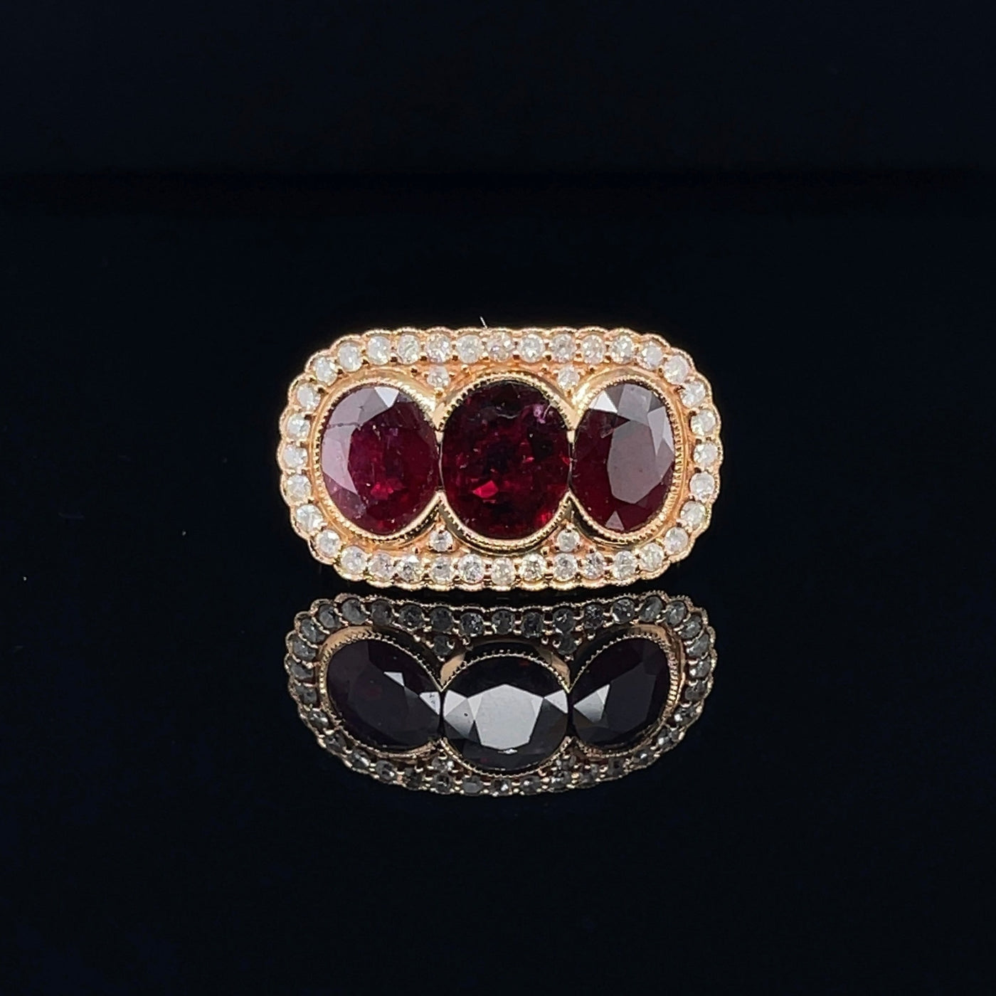 18CT Rose Gold Trilogy Ruby and Diamond Ring