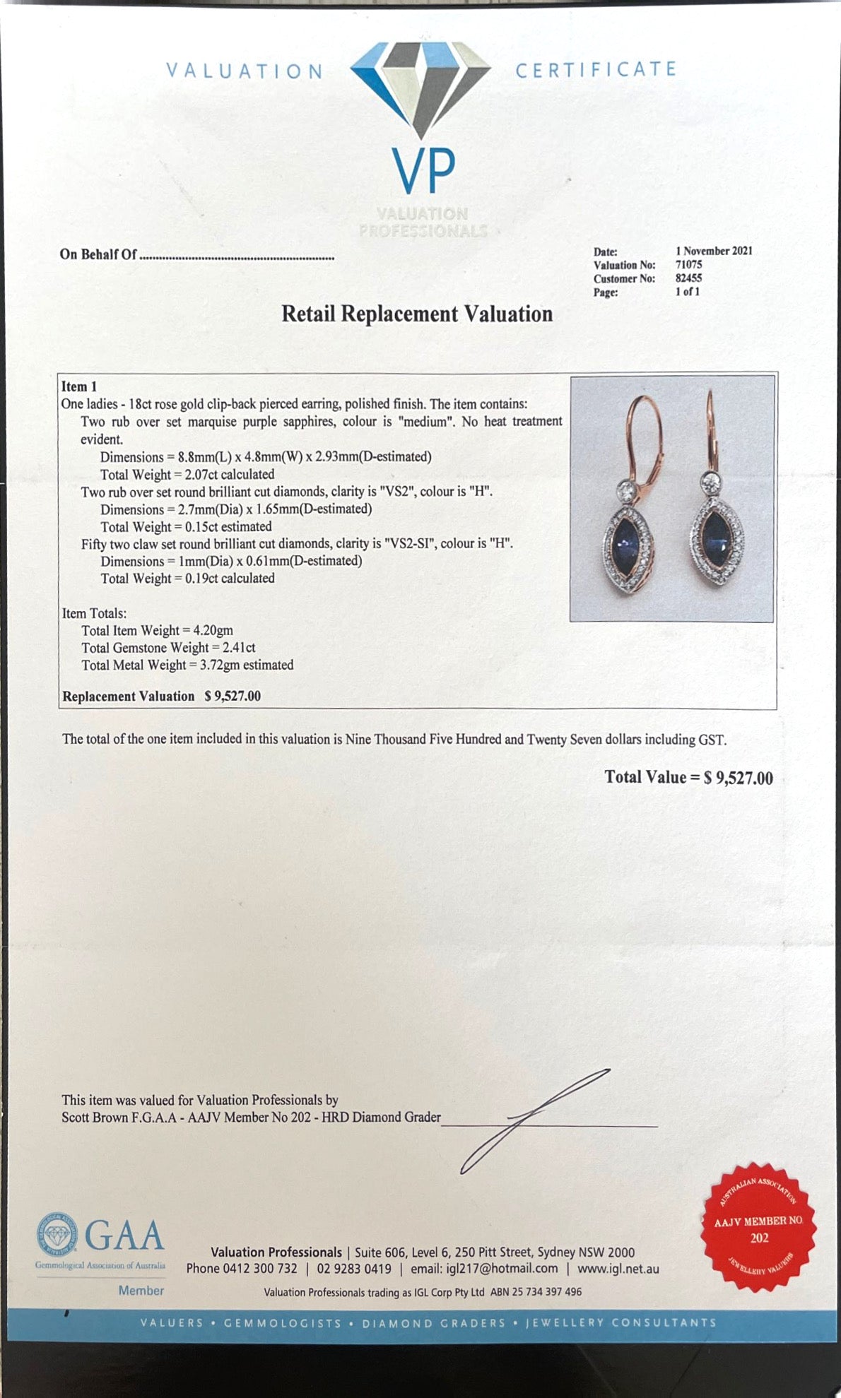 18CT Rose Gold (NO HEAT) Marquise Purple Sapphire Earrings