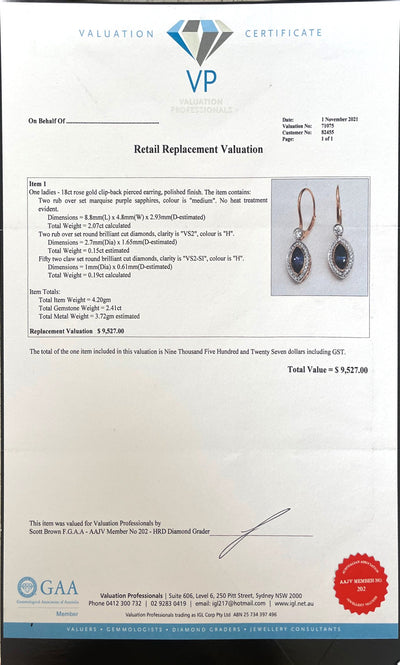 18CT Rose Gold (NO HEAT) Marquise Purple Sapphire Earrings