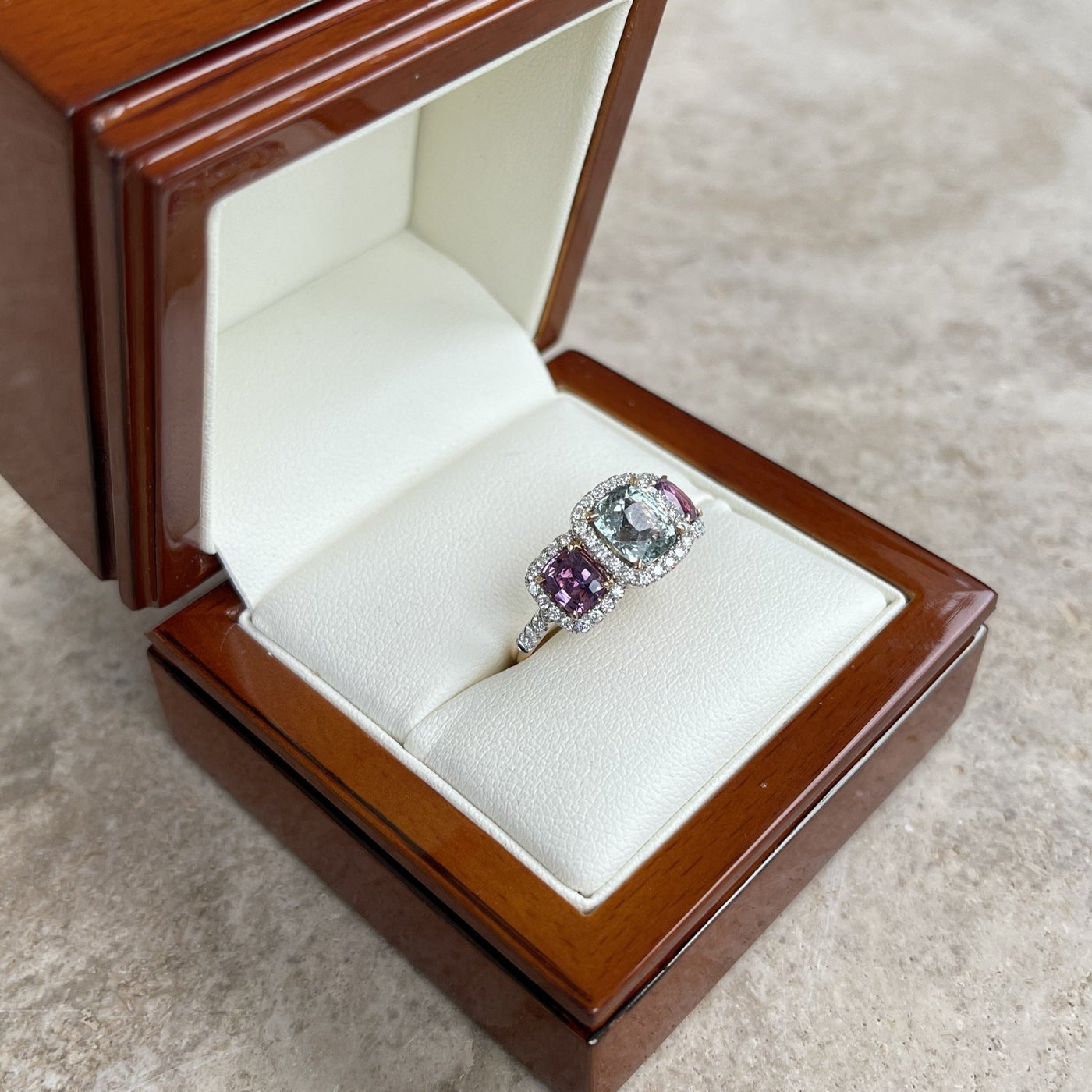 18CT Rose Gold (NO HEAT) Trilogy Coloured Sapphire Ring