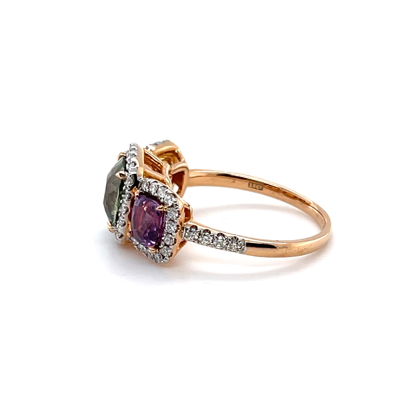 18CT Rose Gold (NO HEAT) Trilogy Coloured Sapphire Ring