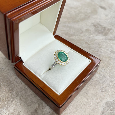 18CT Two Tone Yellow and White Gold Emerald and Diamond Ring