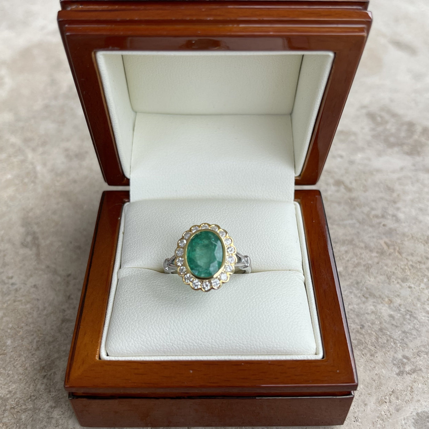 18CT Two Tone Yellow and White Gold Emerald and Diamond Ring