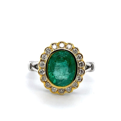 18CT Two Tone Yellow and White Gold Emerald and Diamond Ring
