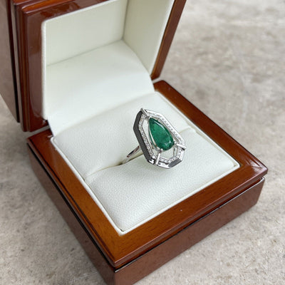 18CT White Gold Marquise Emerald Diamond and Onyx Dress Ring