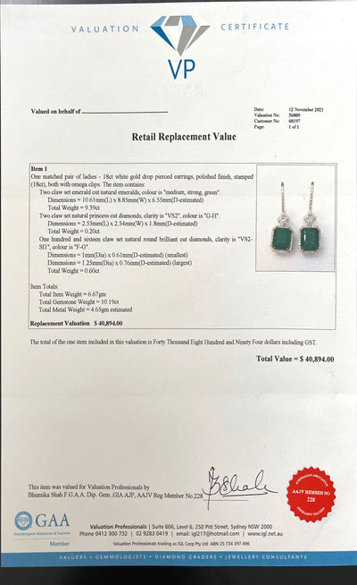 18CT White Gold Emerald and Diamond Earrings