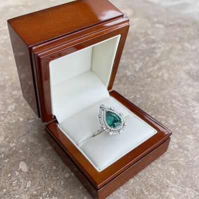 18CT White Gold Pear Emerald and Diamond Ring