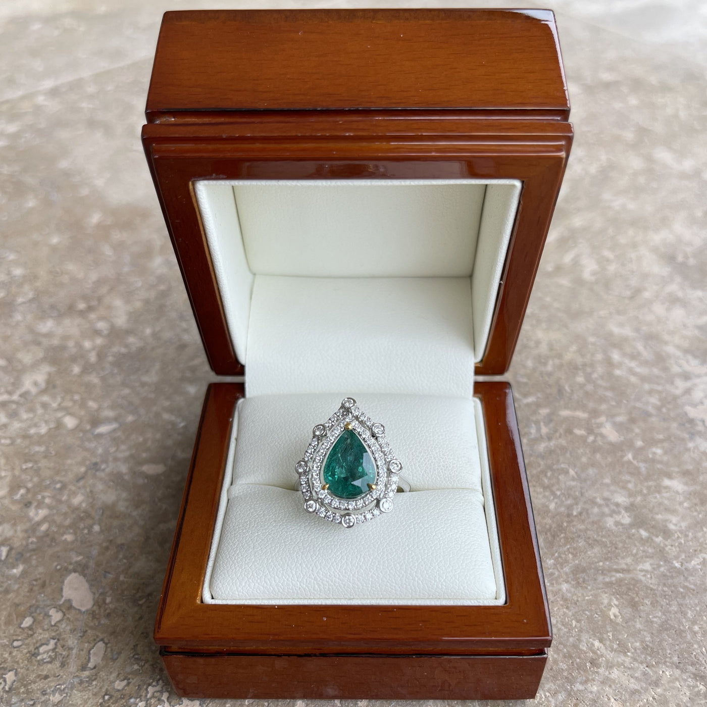 18CT White Gold Pear Emerald and Diamond Ring