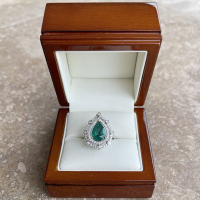 18CT White Gold Pear Emerald and Diamond Ring