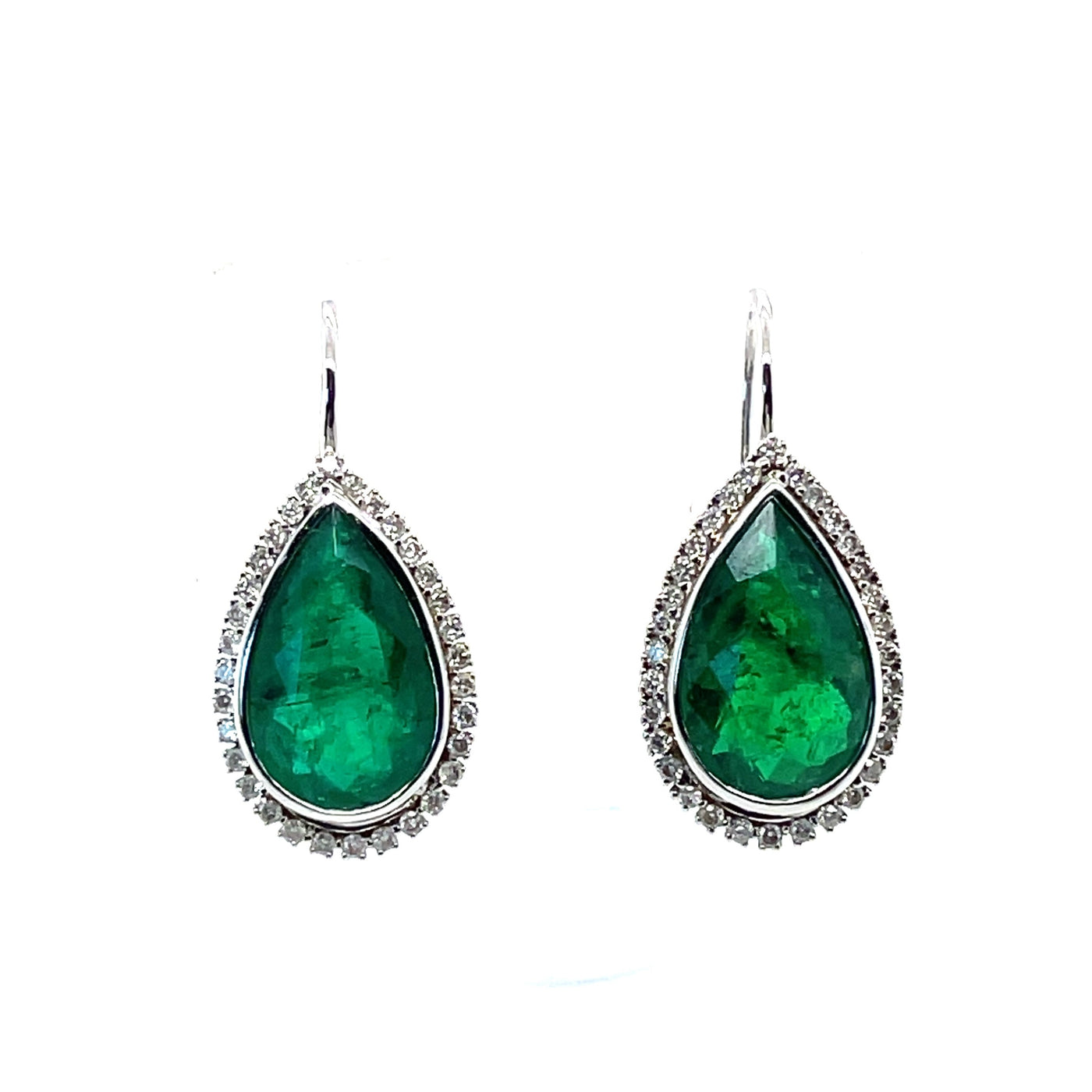 18CT White Gold Emerald and Diamond Tear Drop Earrings