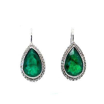 18CT White Gold Emerald and Diamond Tear Drop Earrings