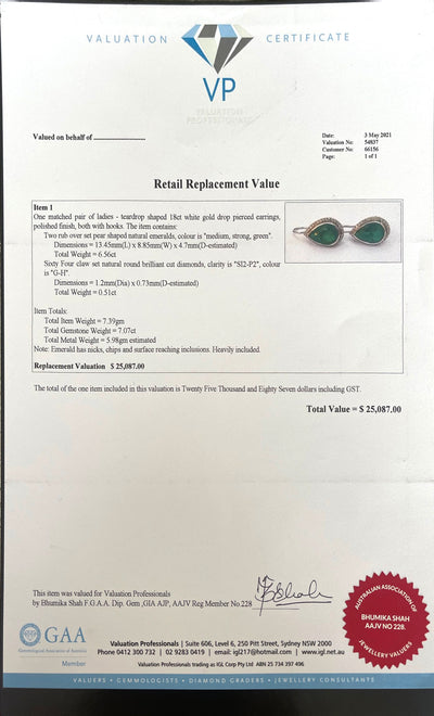 18CT White Gold Emerald and Diamond Tear Drop Earrings