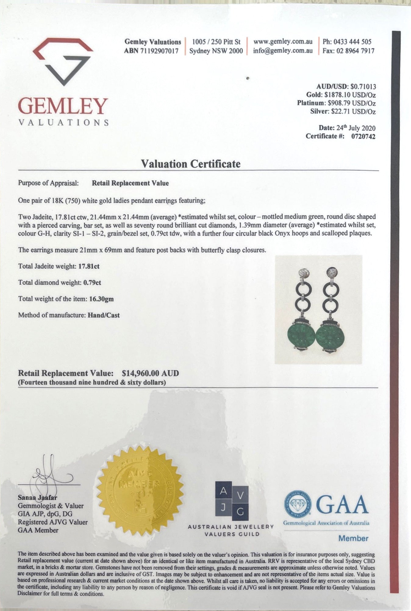18CT White Gold Jadeite and Diamond Earrings