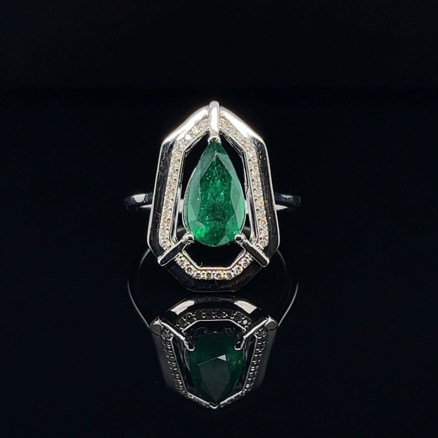 18CT White Gold Marquise Emerald Diamond and Onyx Dress Ring