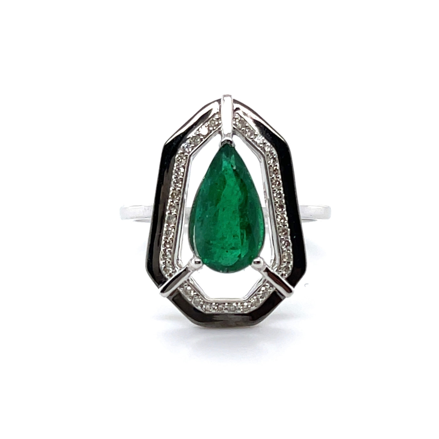 18CT White Gold Marquise Emerald Diamond and Onyx Dress Ring
