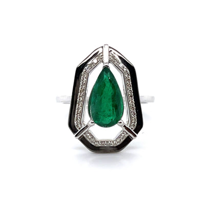 18CT White Gold Marquise Emerald Diamond and Onyx Dress Ring