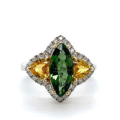 18CT White Gold Marquise Tourmaline, Yellow Sapphire and Diamond Ring