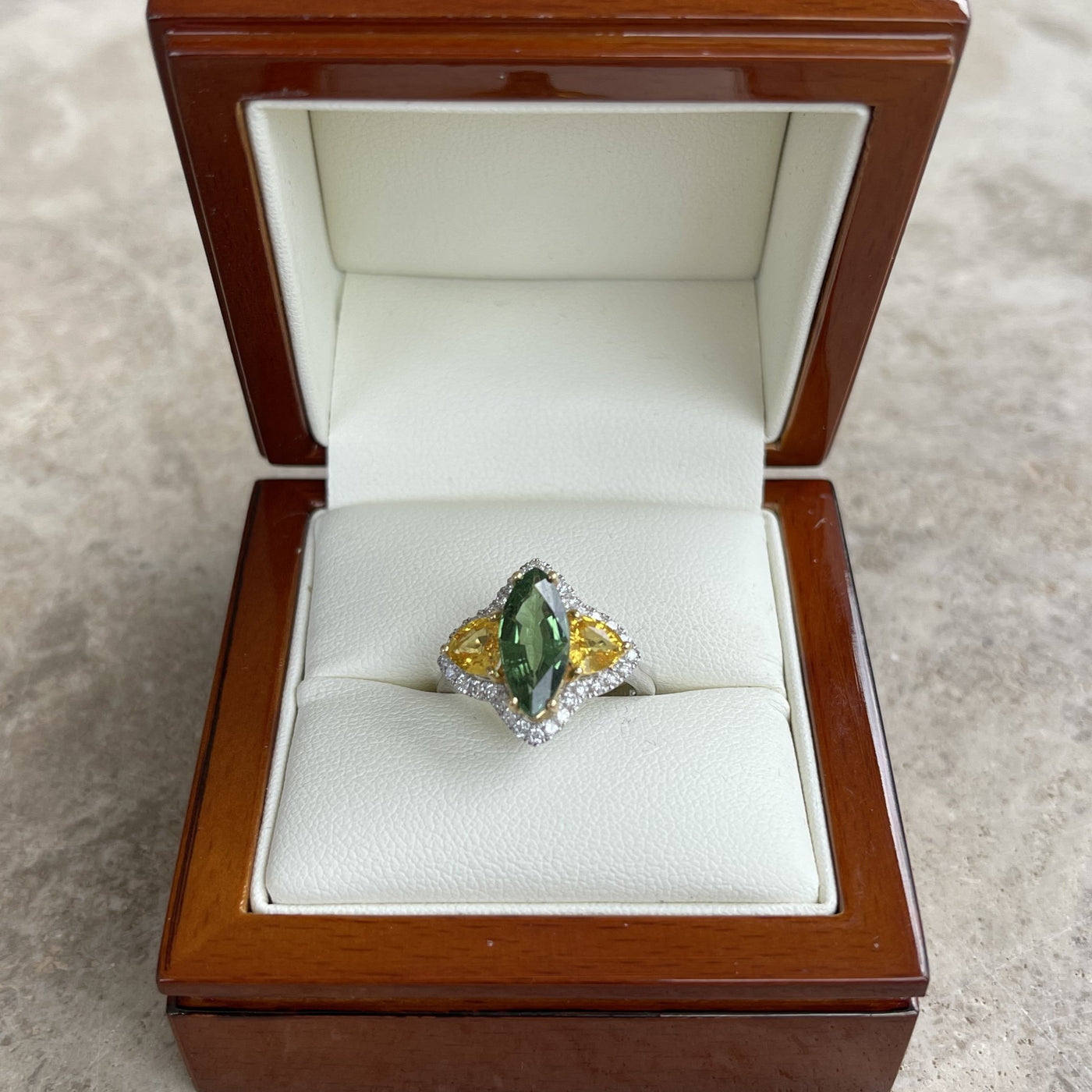18CT White Gold Marquise Tourmaline, Yellow Sapphire and Diamond Ring