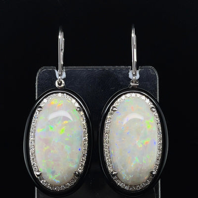 18CT White Gold Opal and Black Onyx and Diamond Earrings