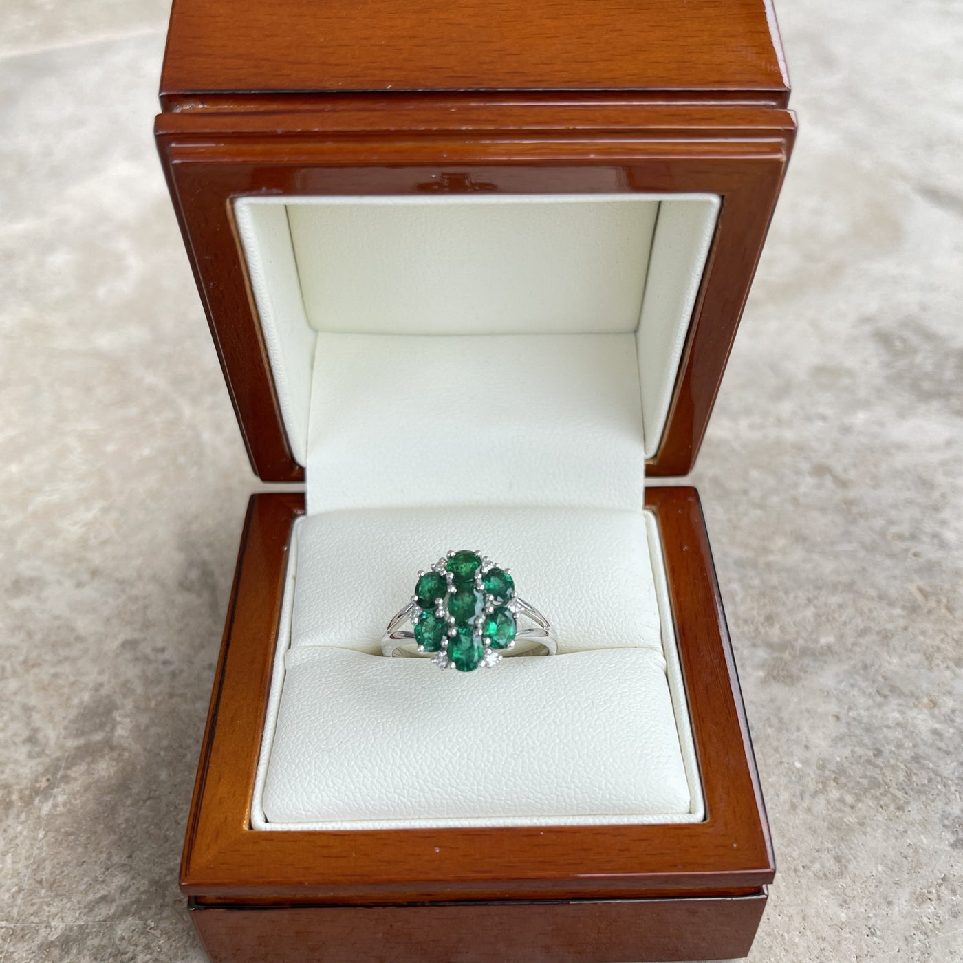 18CT White Gold Seven Stone Emerald and Diamond Ring