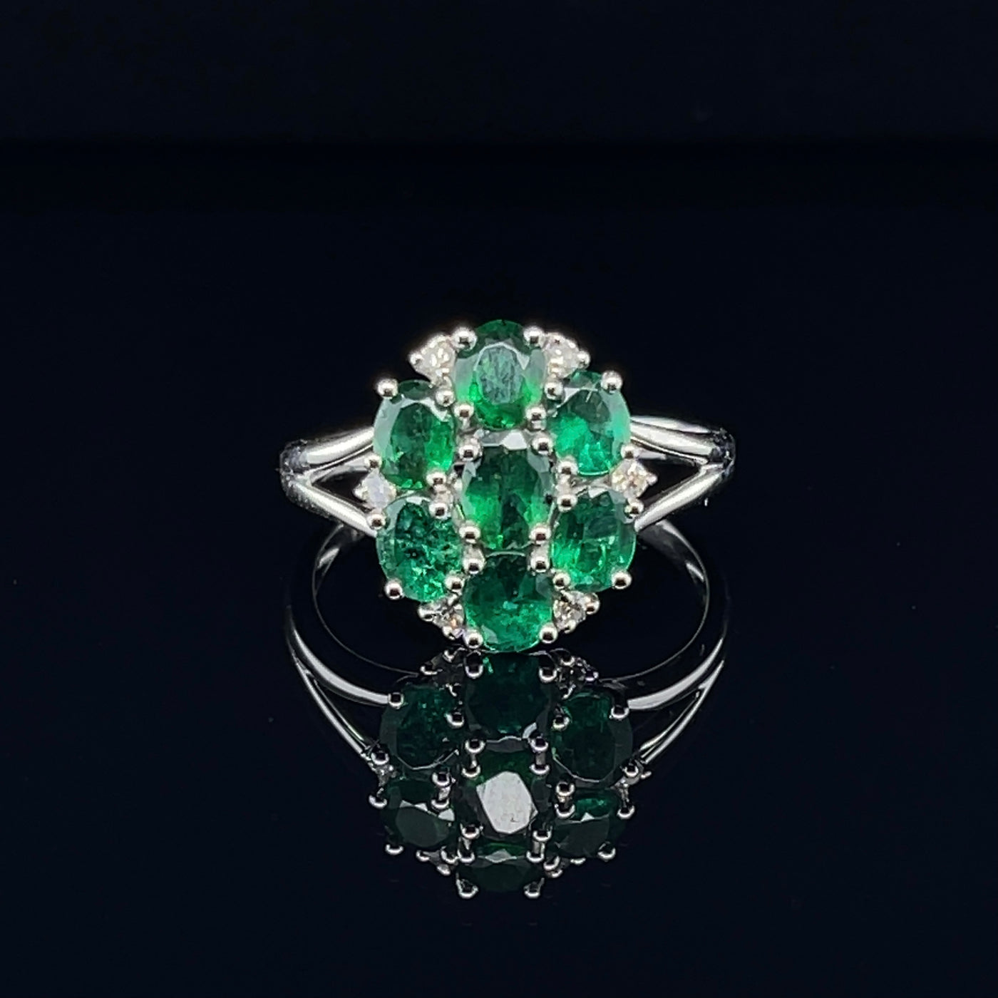 18CT White Gold Seven Stone Emerald and Diamond Ring