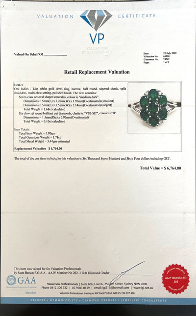 18CT White Gold Seven Stone Emerald and Diamond Ring