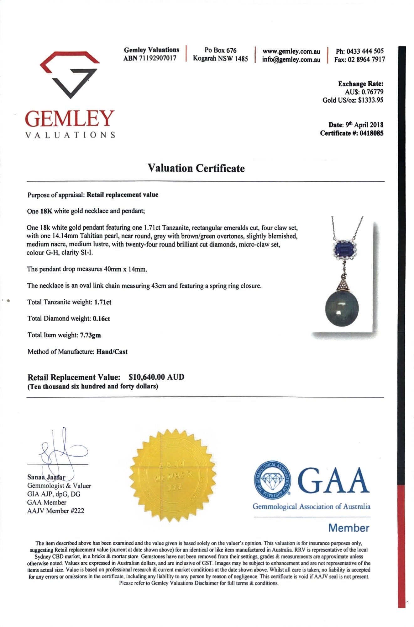 18CT White Gold Tahitian Pearl and Tanzanite Necklace